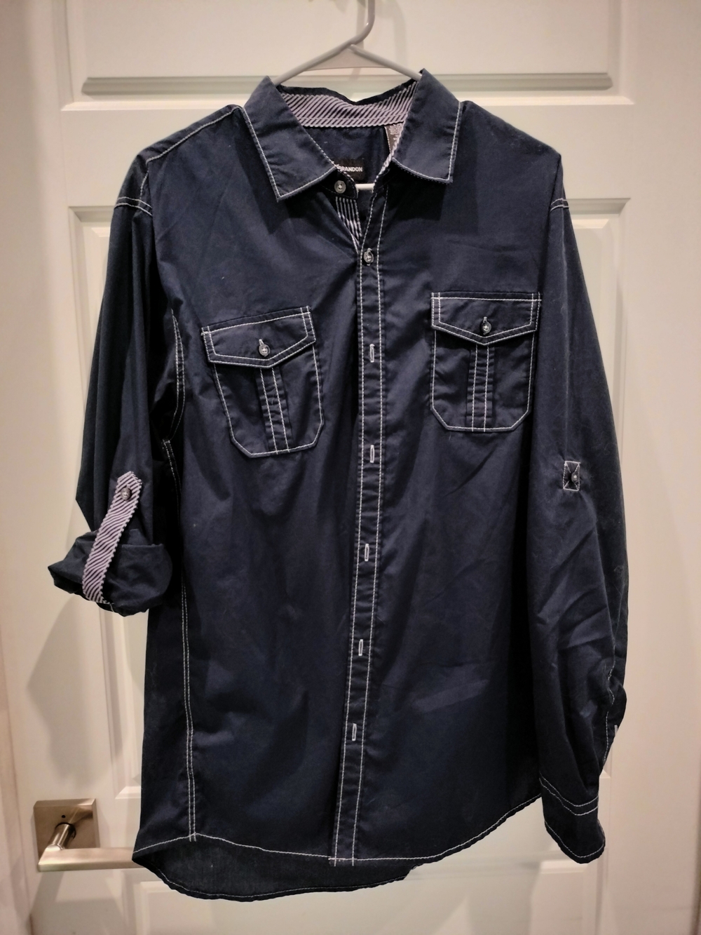 Michael Brandon Navy Shirt with Black Label and Blue-White Trim